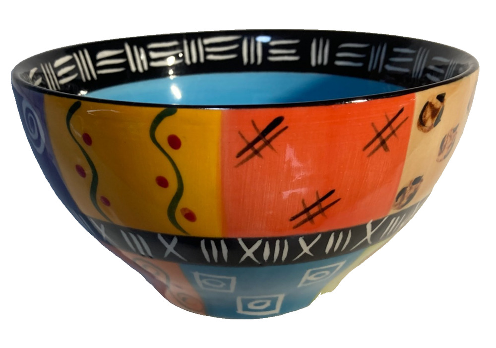 Kapula handmade handpainted bowl blue inside geometric abstract wavy lines